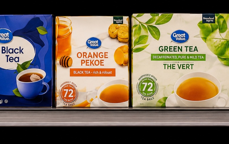 Private label tea boxes displayed on a retail shelf, an example of a successful private label tea line