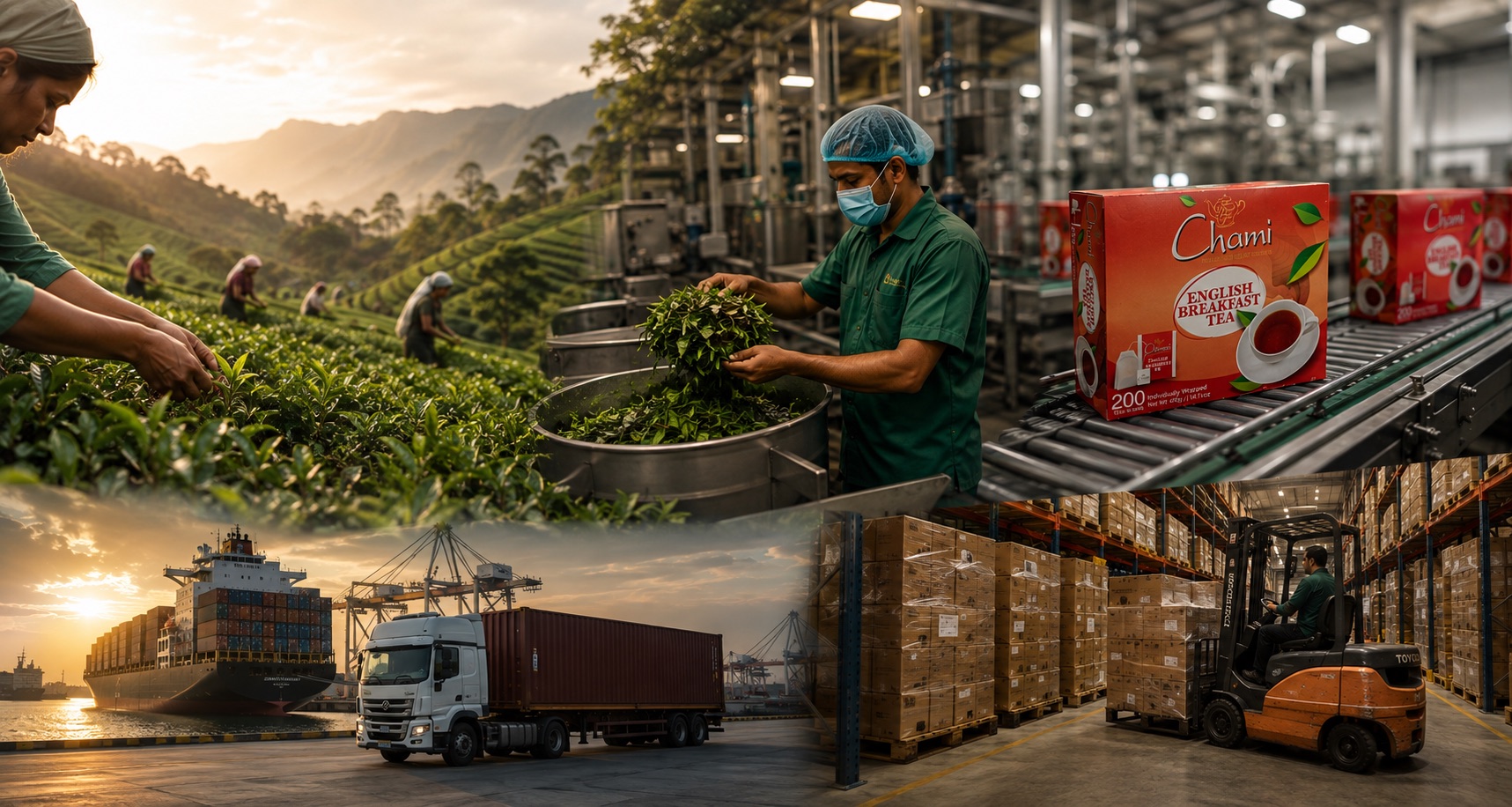 Ceylon Royal Tea's integrated operation: hand-picking tea in Sri Lanka, factory processing, Chami packaging line, port and truck logistics, and warehouse distribution