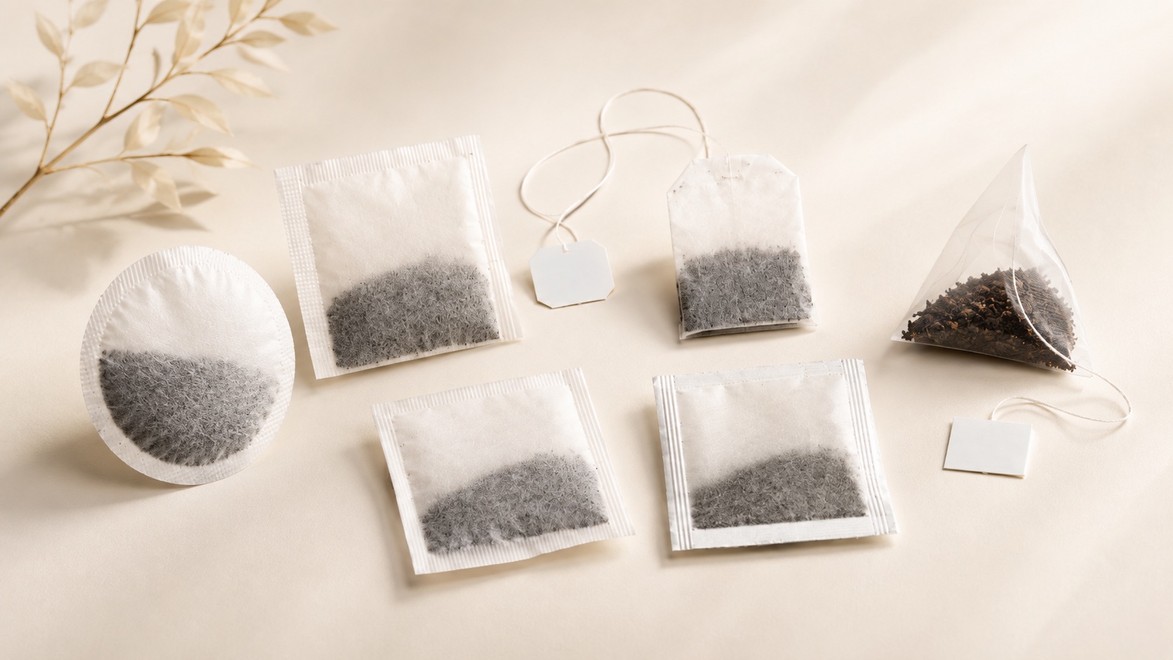 Different tea bag formats: round, square with tag, string and tag, and pyramid with loose leaf