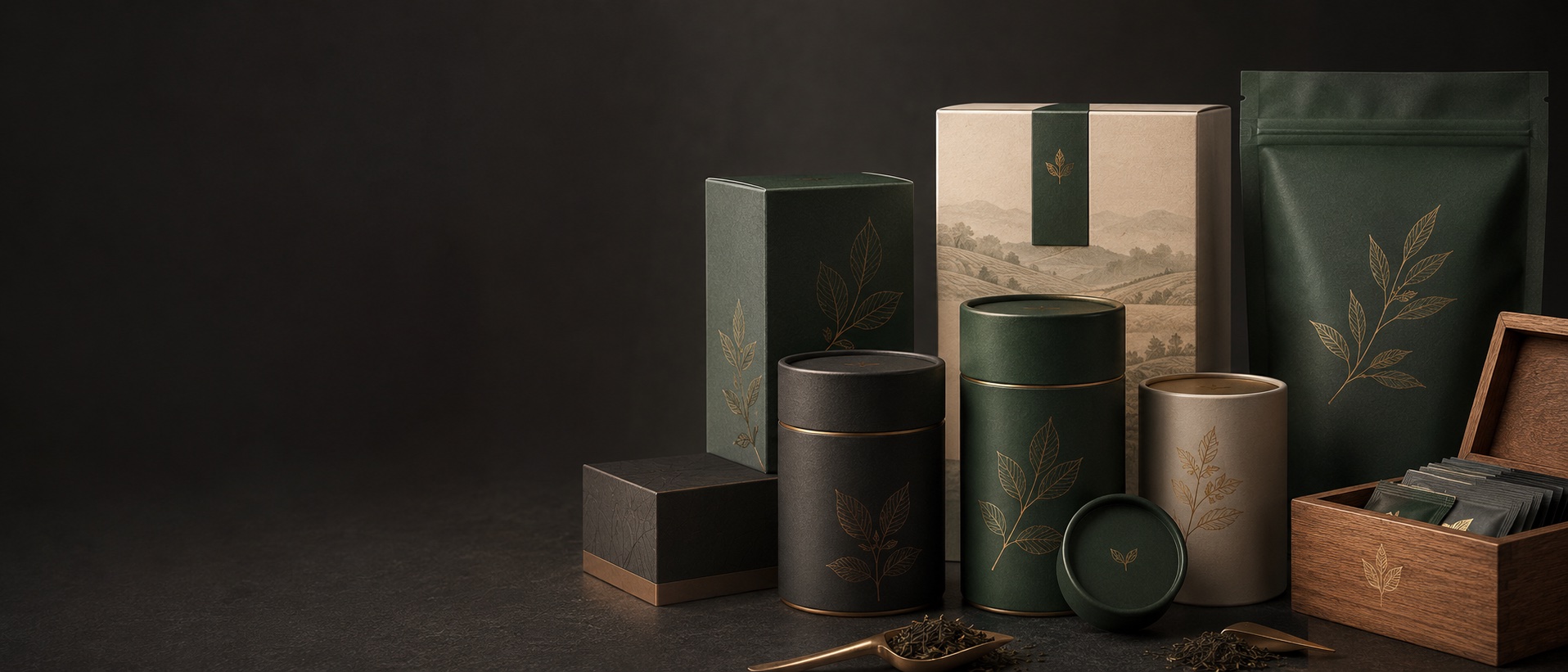 Elegant unbranded private label tea packaging — dark tins, boxes, and a kraft pouch with gold leaf motifs, ready for custom branding