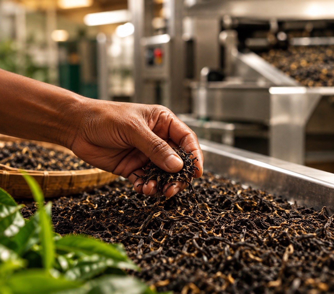 Hand selecting and inspecting processed black tea leaves for quality control at a Ceylon Royal Tea facility