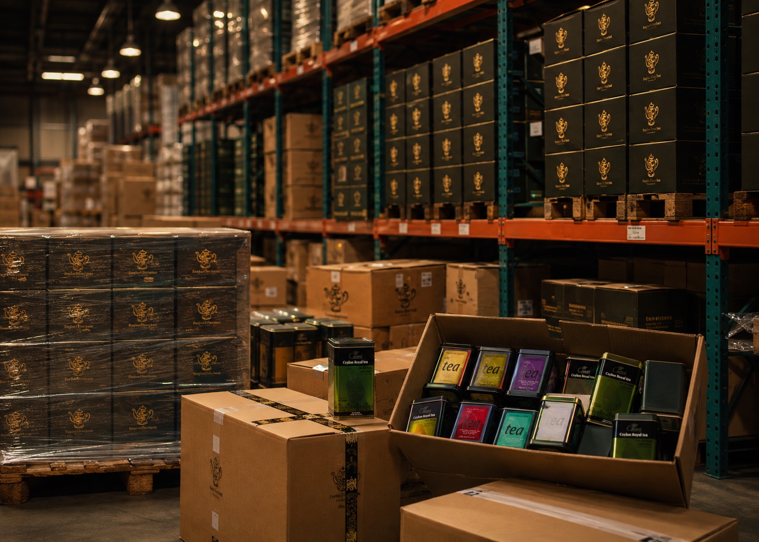Ceylon Royal Tea distribution warehouse with pallets of branded boxes and tins ready for shipment