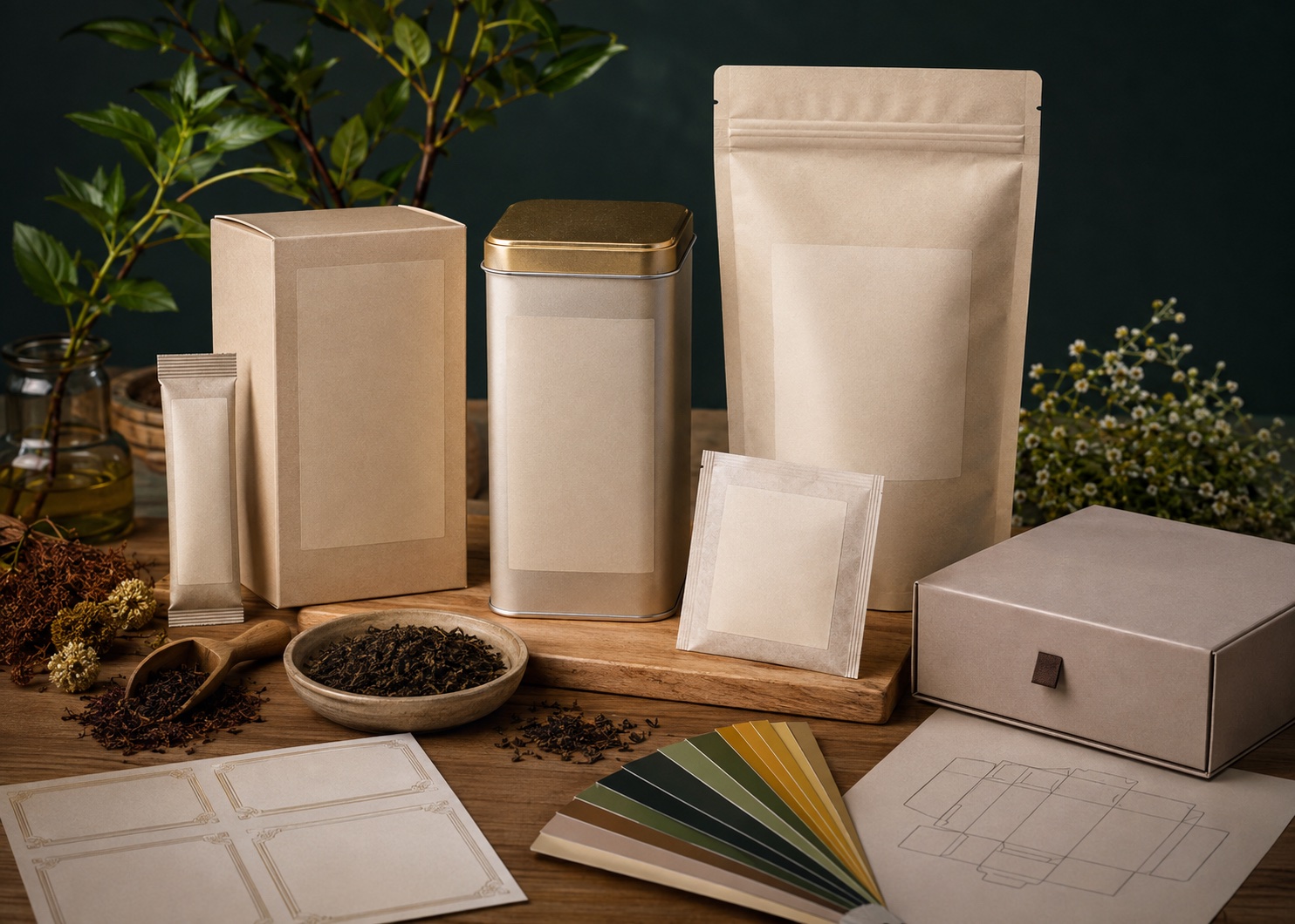 Unbranded private label tea packaging mockups — kraft boxes, tin, pouch, and sachets with blank labels